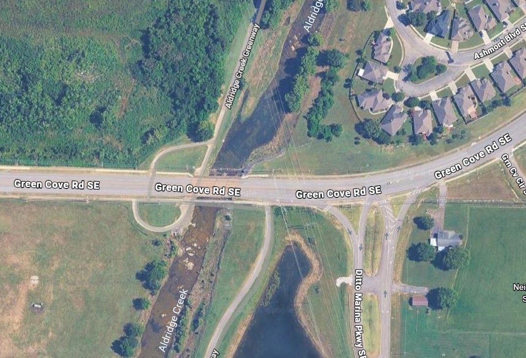 Aerial map showing Aldridge Creek Greenway at Green Cove Road