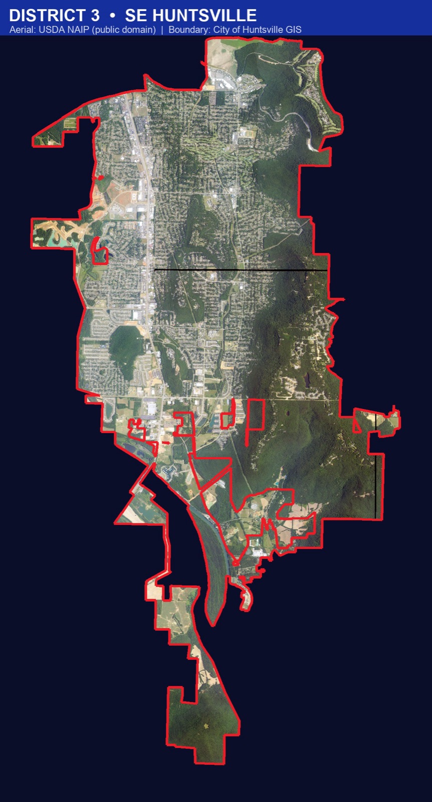 Aerial view of District 3 in southeast Huntsville, showing Green Mountain, the river, and neighborhood streets
