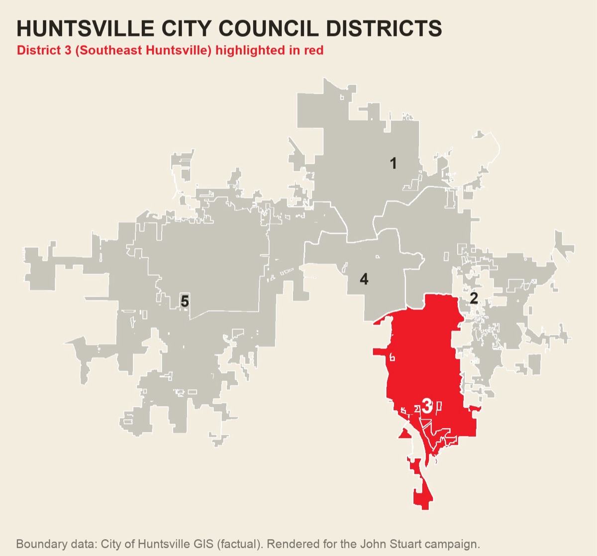 Map of Huntsville's five council districts with District 3 highlighted in the southeast