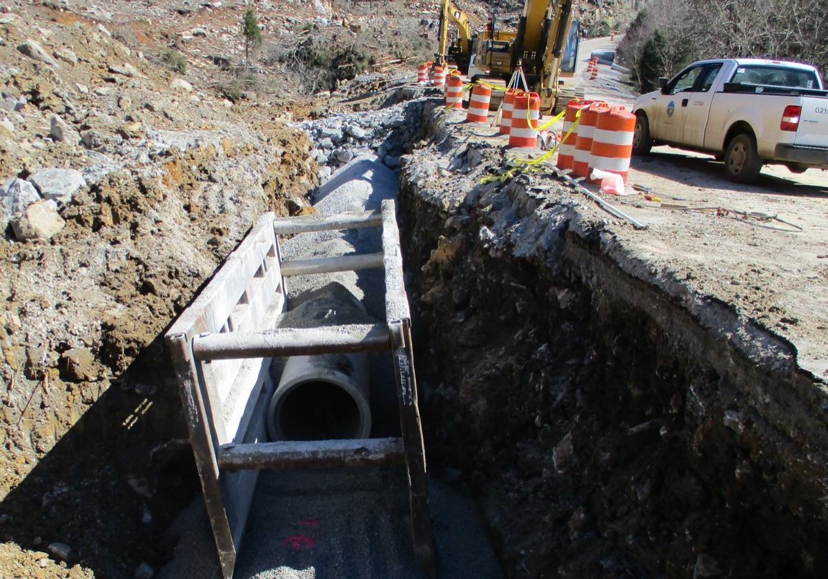 Sewer infrastructure work in Huntsville with new pipe installed in an open trench