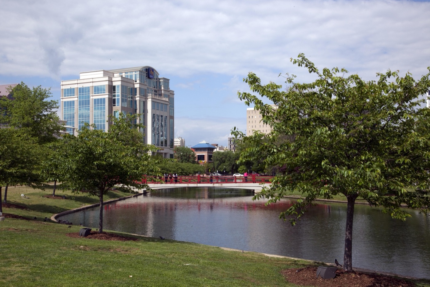 Big Spring Park lagoon and downtown Huntsville skyline
