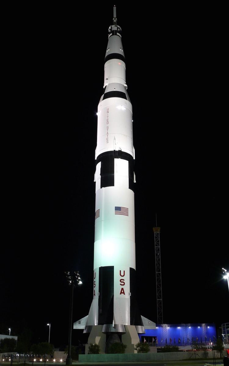 The Saturn V rocket at Huntsville's Davidson Center lit up at night